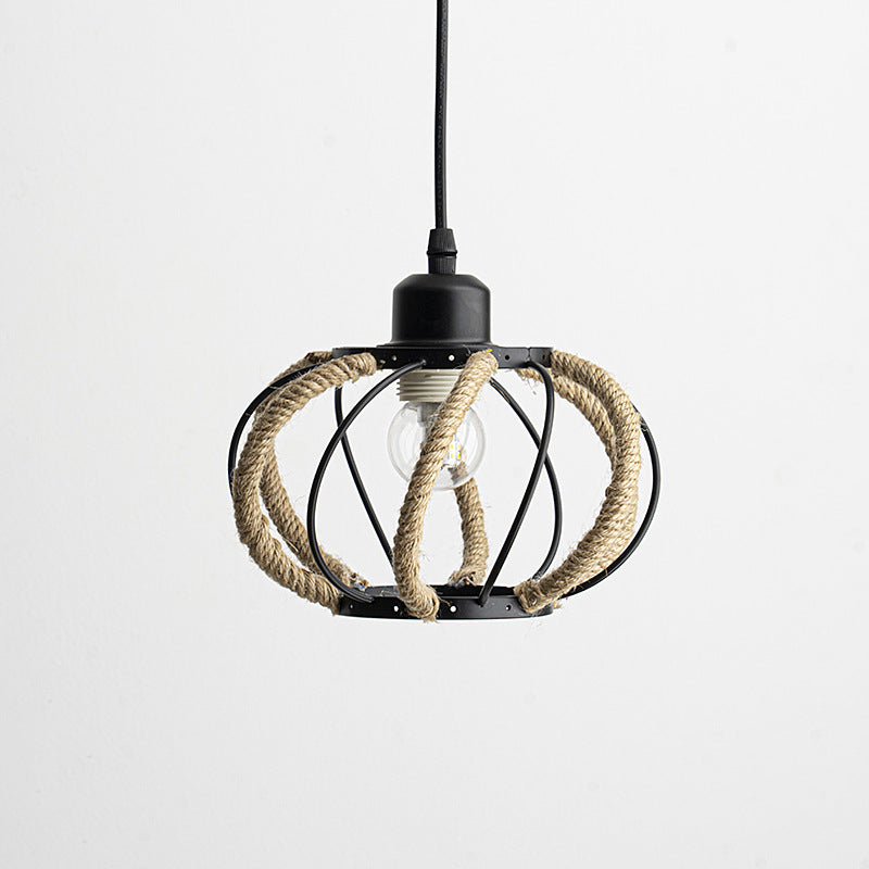 Traditional Rustic Round Polygon Hemp Rope Iron Lampshade 1 - Light Pendant Light For Dining Room