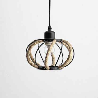 Traditional Rustic Round Polygon Hemp Rope Iron Lampshade 1 - Light Pendant Light For Dining Room