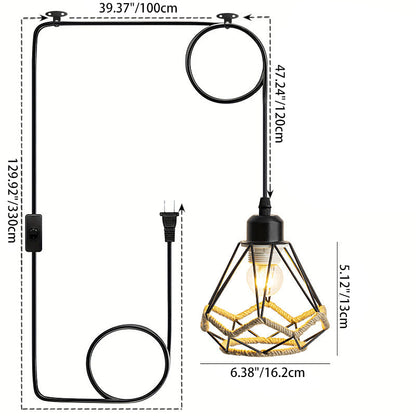 Traditional Rustic Round Polygon Hemp Rope Iron Lampshade 1 - Light Pendant Light For Dining Room