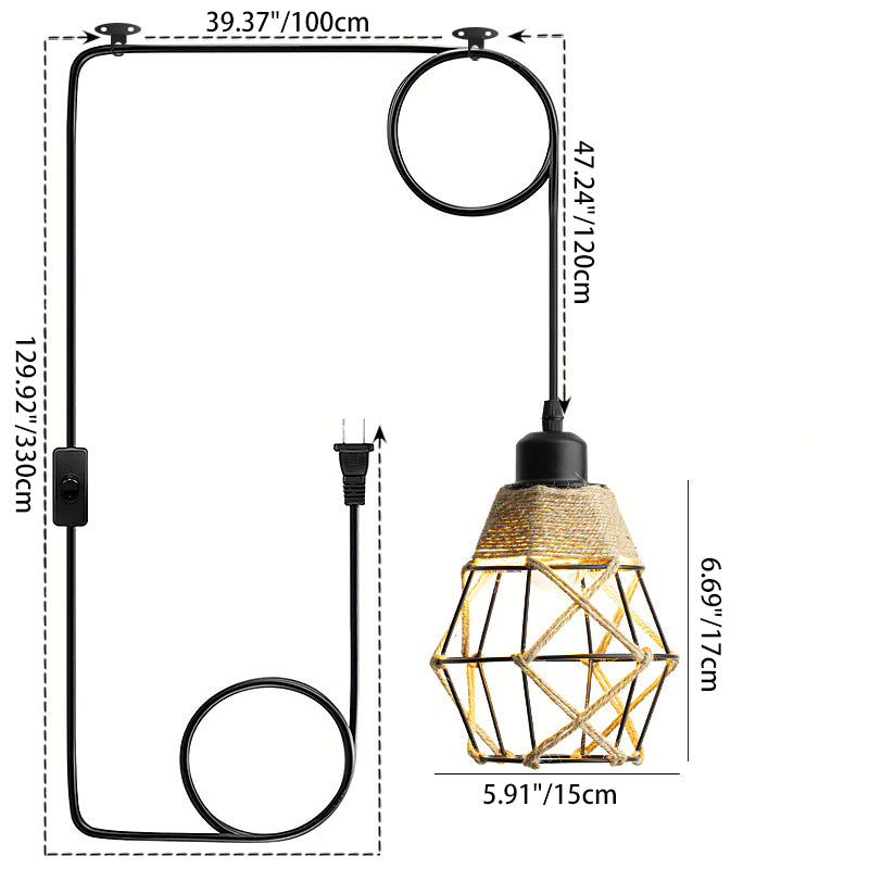 Traditional Rustic Round Polygon Hemp Rope Iron Lampshade 1 - Light Pendant Light For Dining Room