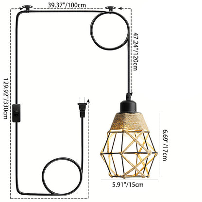 Traditional Rustic Round Polygon Hemp Rope Iron Lampshade 1 - Light Pendant Light For Dining Room
