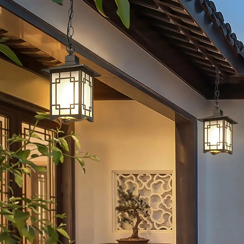 Traditional Chinese Dome Waterproof Square Cube Aluminum Iron Glass 1 - Light Pendant Light for Outdoor Patio BulbSquare