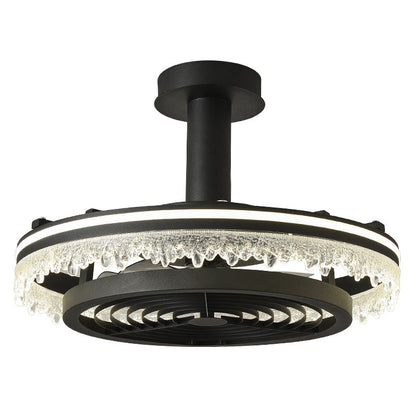 Contemporary Nordic Dome Round Iron Acrylic Ice Texture Edge LED Downrods Ceiling Fan Light For Living Room