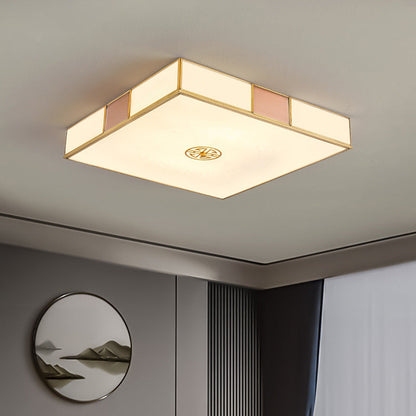 Traditional Chinese Square Lattice Glass Iron Copper LED Flush Mount Ceiling Light For Bedroom