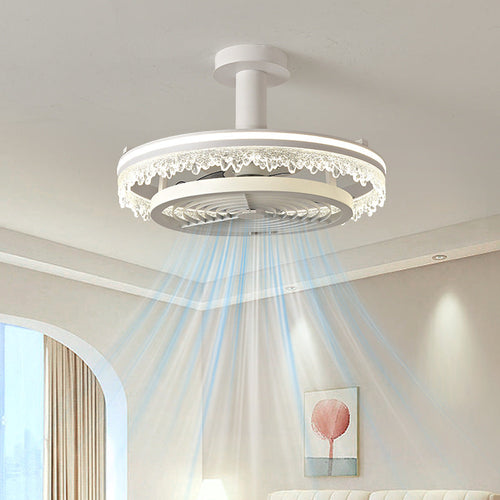 Contemporary Nordic Dome Round Iron Acrylic Ice Texture Edge LED Downrods Ceiling Fan Light For Living Room