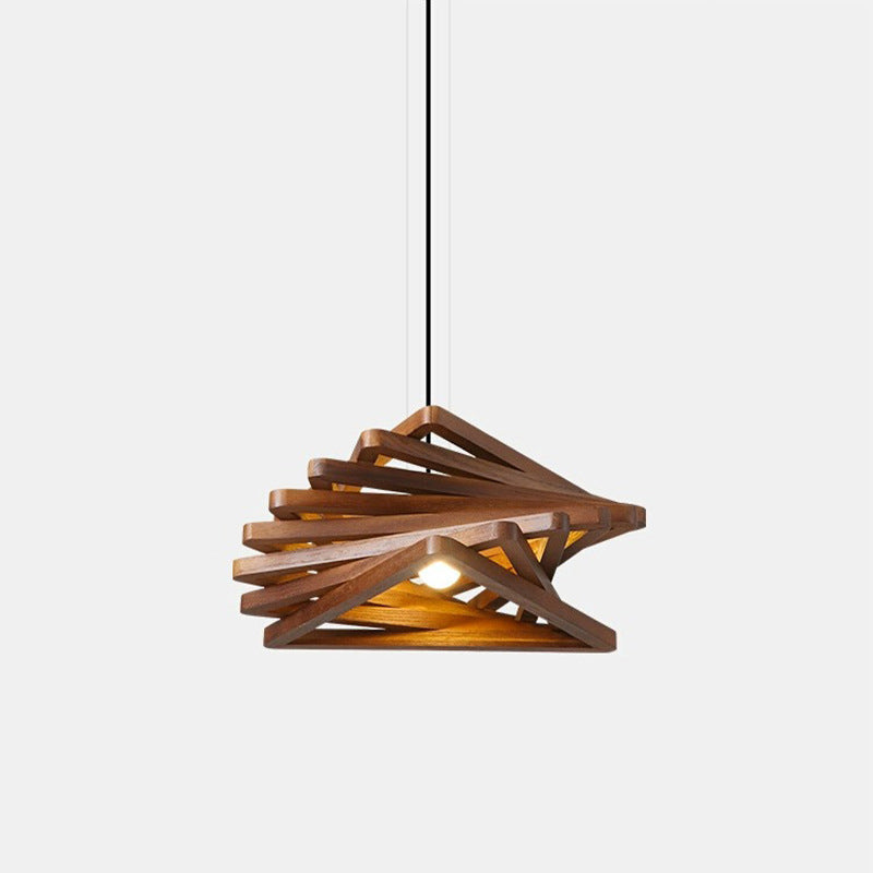 Traditional Japanese Dome Stacked Triangles Oak Iron 1 - Light Pendant Light For Dining Room