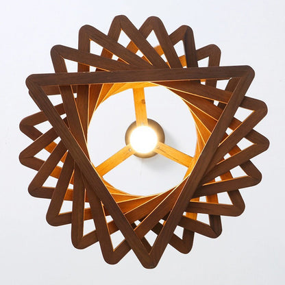Traditional Japanese Dome Stacked Triangles Oak Iron 1 - Light Pendant Light For Dining Room