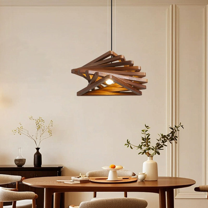 Traditional Japanese Dome Stacked Triangles Oak Iron 1 - Light Pendant Light For Dining Room