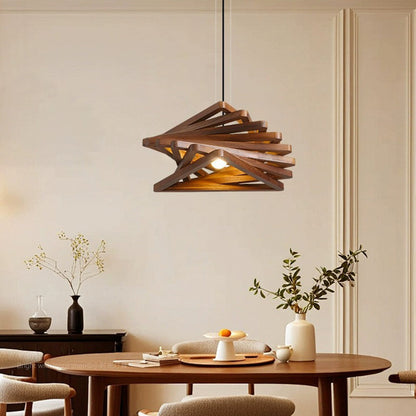 Traditional Japanese Dome Stacked Triangles Oak Iron 1 - Light Pendant Light For Dining Room