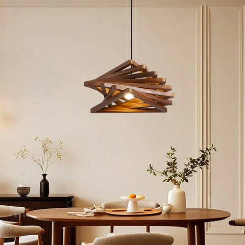 Traditional Japanese Dome Stacked Triangles Oak Iron 1 - Light Pendant Light For Dining Room