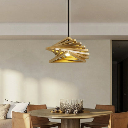 Traditional Japanese Dome Stacked Triangles Oak Iron 1 - Light Pendant Light For Dining Room