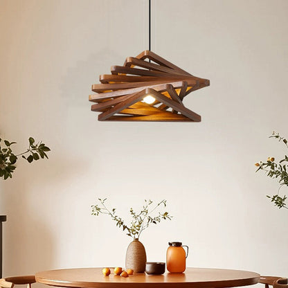 Traditional Japanese Dome Stacked Triangles Oak Iron 1 - Light Pendant Light For Dining Room