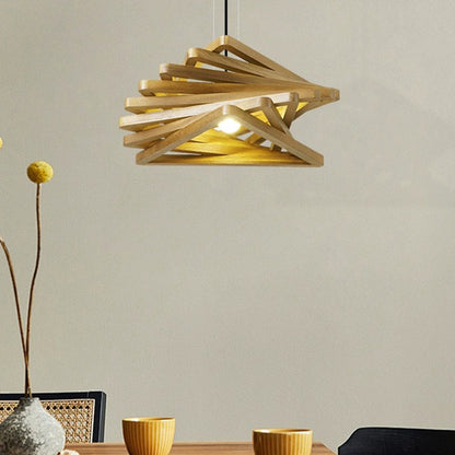 Traditional Japanese Dome Stacked Triangles Oak Iron 1 - Light Pendant Light For Dining Room