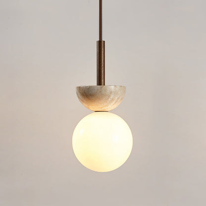 Traditional Japanese Dome Orb Glass Yellow Travertine Lampshade 1 - Light Pendant Light for Living Room