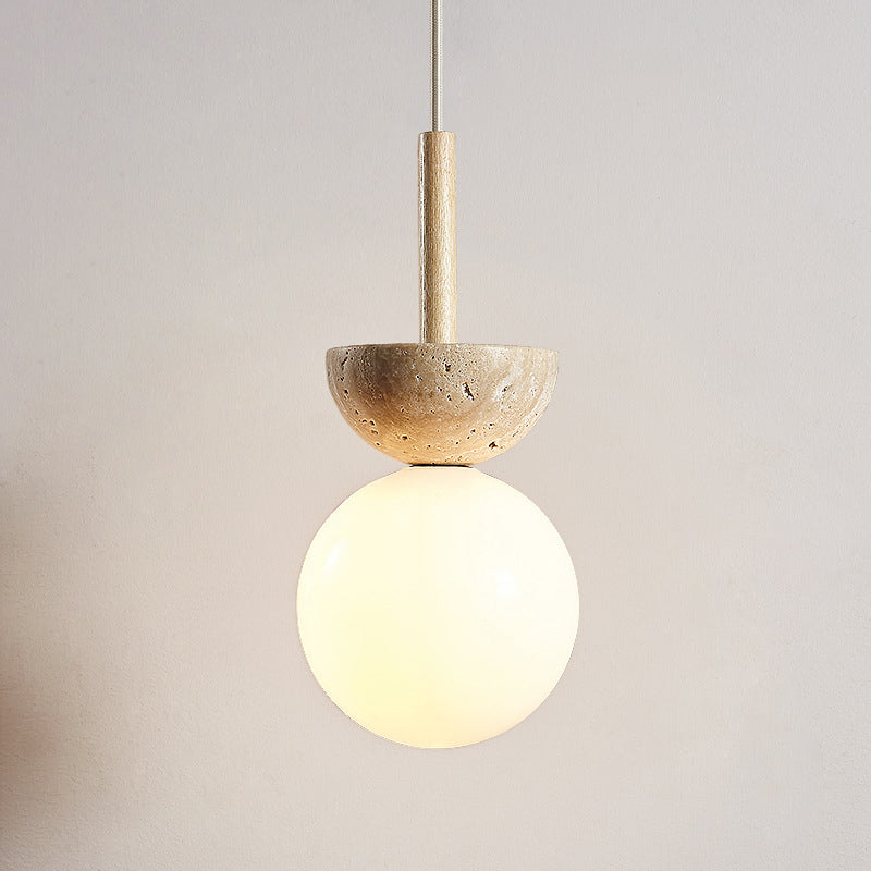 Traditional Japanese Dome Orb Glass Yellow Travertine Lampshade 1 - Light Pendant Light for Living Room