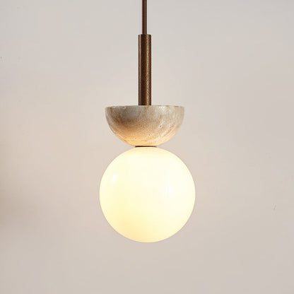 Traditional Japanese Dome Orb Glass Yellow Travertine Lampshade 1 - Light Pendant Light for Living Room