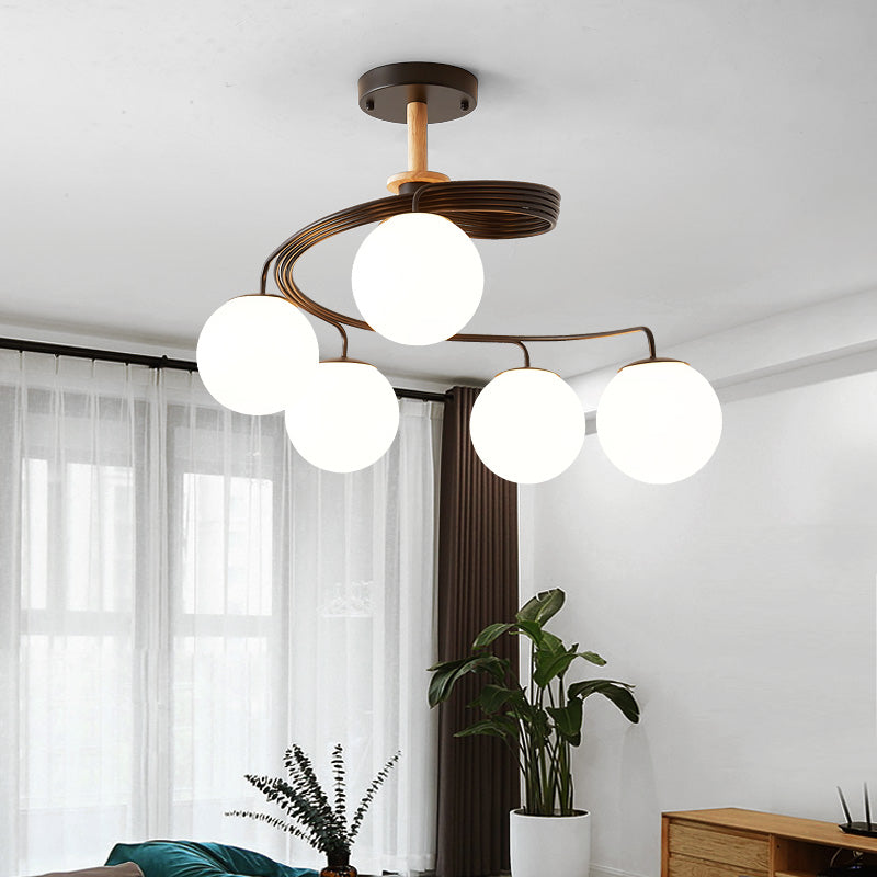 Contemporary Nordic Dome Orbs Curved Distortion Iron Solid Wood Glass 3/5 - Light Chandelier for Dining Room BulbSquare