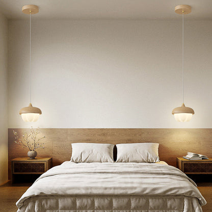 Traditional Japanese Dome Bud Rubber Wood PE LED Pendant Light For Bedroom