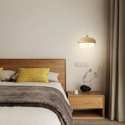 Traditional Japanese Dome Bud Rubber Wood PE LED Pendant Light For Bedroom