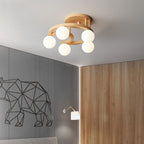 Contemporary Nordic Dome Moon Orbs Rubber Wood Glass Lampshade 3/5 - Light Semi-Flush Mount Ceiling Light For Bedroom