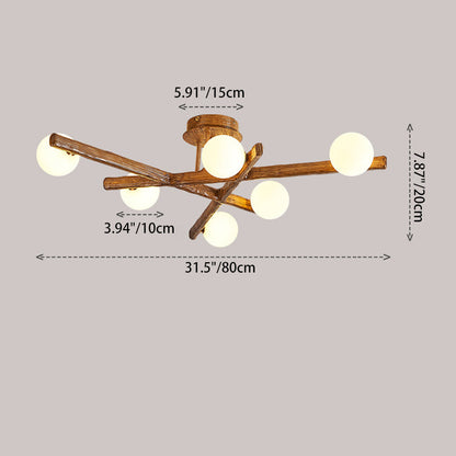 Traditional Japanese Dome Orb Long Branches Resin Roto-molding Metal 3/6/9/12/15 - Light Semi-flush Mount Ceiling Light for Living Room