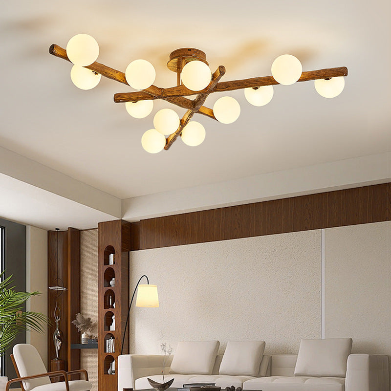 Traditional Japanese Dome Orb Long Branches Resin Roto-molding Metal 3/6/9/12/15 - Light Semi-flush Mount Ceiling Light for Living Room