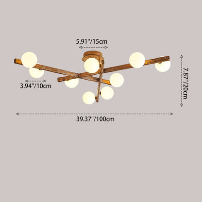 Traditional Japanese Dome Orb Long Branches Resin Roto-molding Metal 3/6/9/12/15 - Light Semi-flush Mount Ceiling Light for Living Room