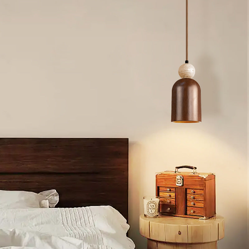 Traditional Japanese Dome Orb Yellow Travertine Solid Wood 1 - Light Pendant Light For Bedroom