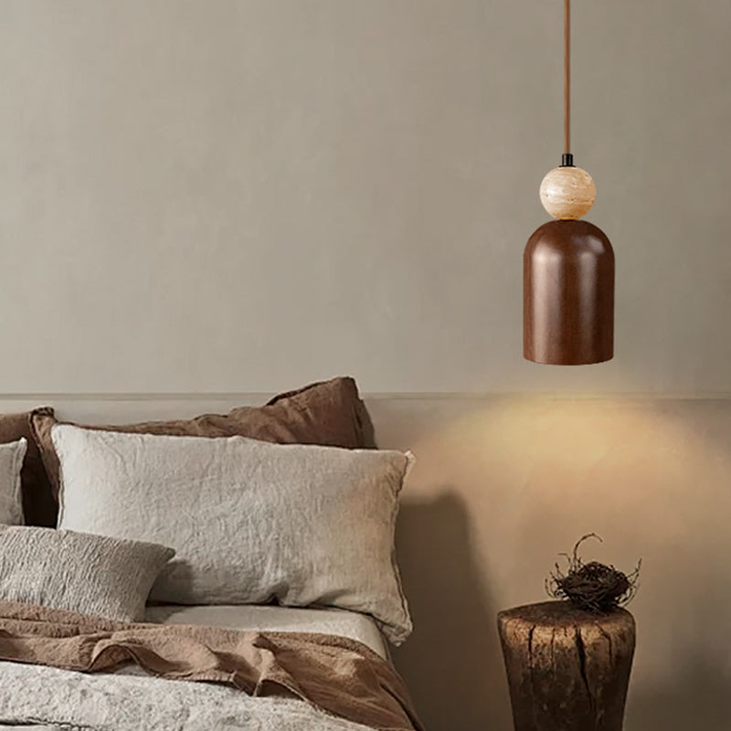 Traditional Japanese Dome Orb Yellow Travertine Solid Wood 1 - Light Pendant Light For Bedroom