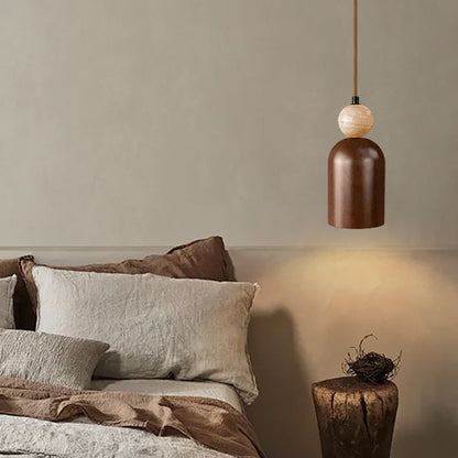 Traditional Japanese Dome Orb Yellow Travertine Solid Wood 1 - Light Pendant Light For Bedroom