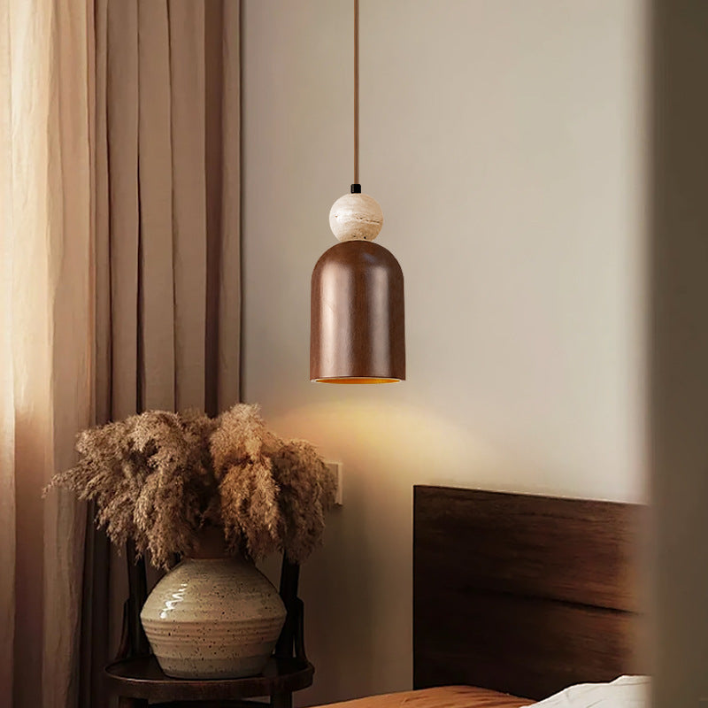 Traditional Japanese Dome Orb Yellow Travertine Solid Wood 1 - Light Pendant Light For Bedroom