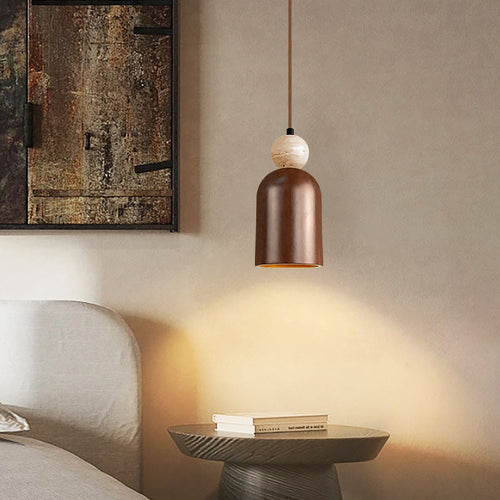 Traditional Japanese Dome Orb Yellow Travertine Solid Wood 1 - Light Pendant Light For Bedroom