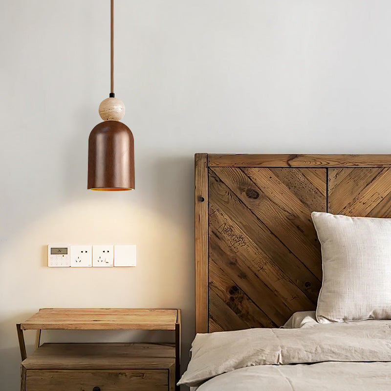 Traditional Japanese Dome Orb Yellow Travertine Solid Wood 1 - Light Pendant Light For Bedroom