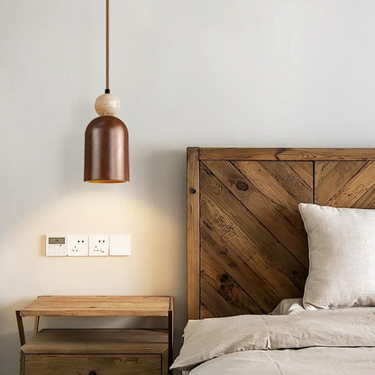 Traditional Japanese Dome Orb Yellow Travertine Solid Wood 1 - Light Pendant Light For Bedroom