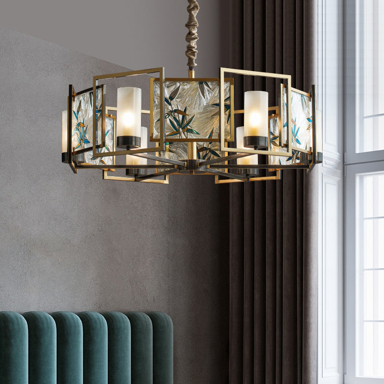 Traditional Chinese Dome Block Enamel Iron Copper Glass 6 - Light Chandelier for Dining Room BulbSquare