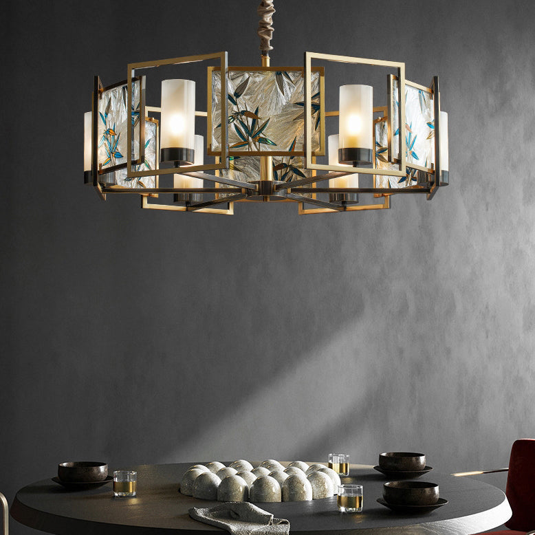 Traditional Chinese Dome Block Enamel Iron Copper Glass 6 - Light Chandelier for Dining Room BulbSquare