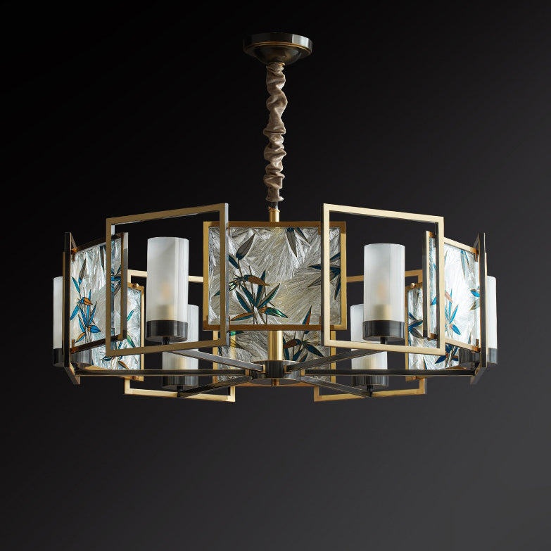 Traditional Chinese Dome Block Enamel Iron Copper Glass 6 - Light Chandelier for Dining Room BulbSquare