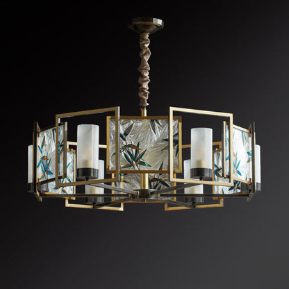 Traditional Chinese Dome Block Enamel Iron Copper Glass 6 - Light Chandelier for Dining Room