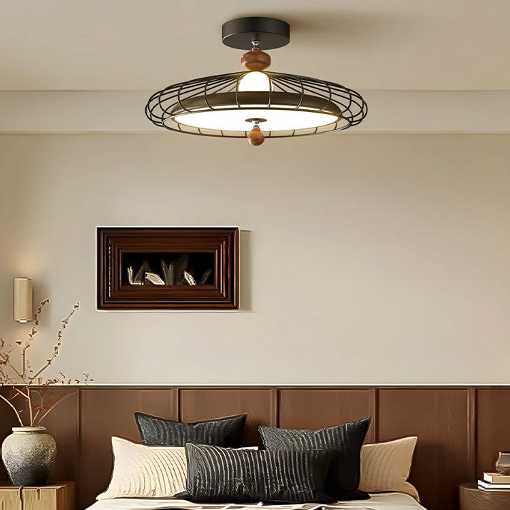 Traditional French Round Grille Iron Acrylic LED Semi-flush Mount Ceiling Light for Bedroom