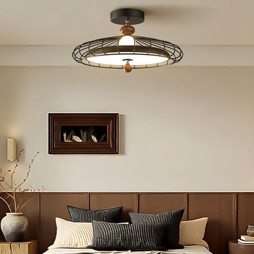 Traditional French Round Grille Iron Acrylic LED Semi-flush Mount Ceiling Light for Bedroom