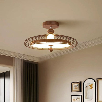 Traditional French Round Grille Iron Acrylic LED Semi-flush Mount Ceiling Light for Bedroom