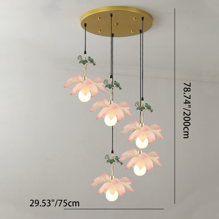 Traditional Chinese Lotus Orb Iron Resin Ceramics 1/3/5 - Light Chandelier for Dining Room BulbSquare