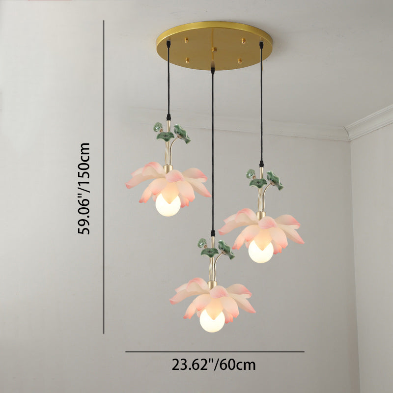 Traditional Chinese Lotus Orb Iron Resin Ceramics 1/3/5 - Light Chandelier for Dining Room