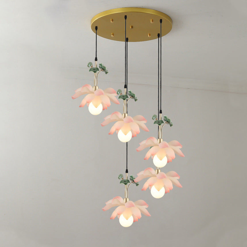 Traditional Chinese Lotus Orb Iron Resin Ceramics 1/3/5 - Light Chandelier for Dining Room BulbSquare
