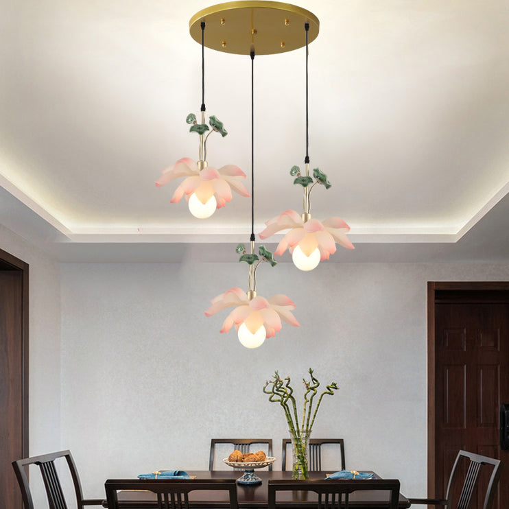 Traditional Chinese Lotus Orb Iron Resin Ceramics 1/3/5 - Light Chandelier for Dining Room BulbSquare