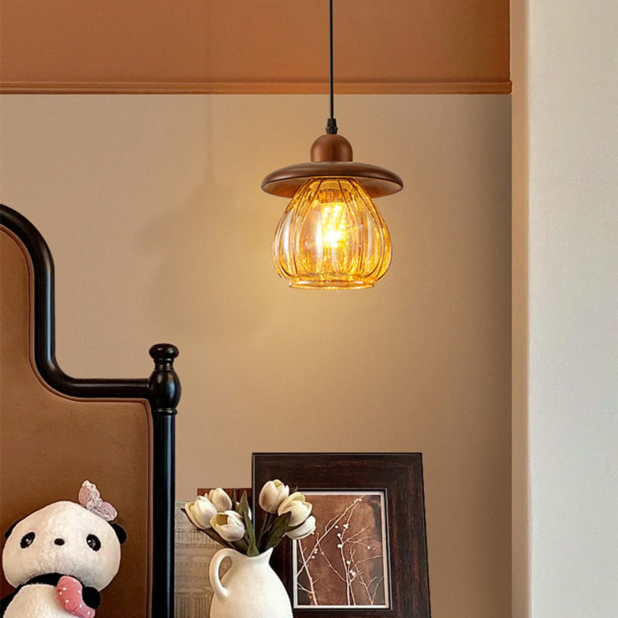 Contemporary Retro Conical Pumpkin Wood Glass 1 - Light Pendant Light For Bedroom