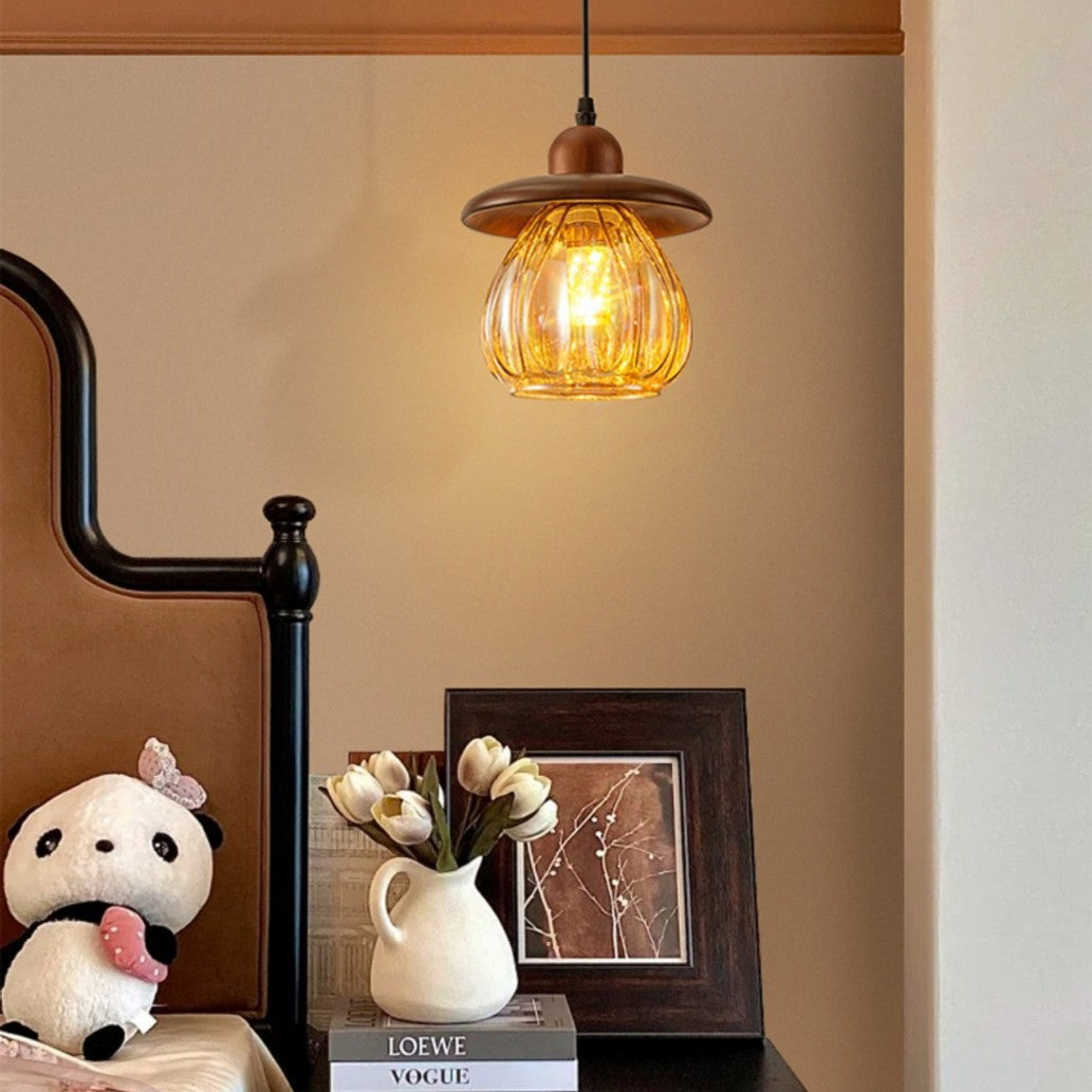 Contemporary Retro Conical Pumpkin Wood Glass 1 - Light Pendant Light For Bedroom
