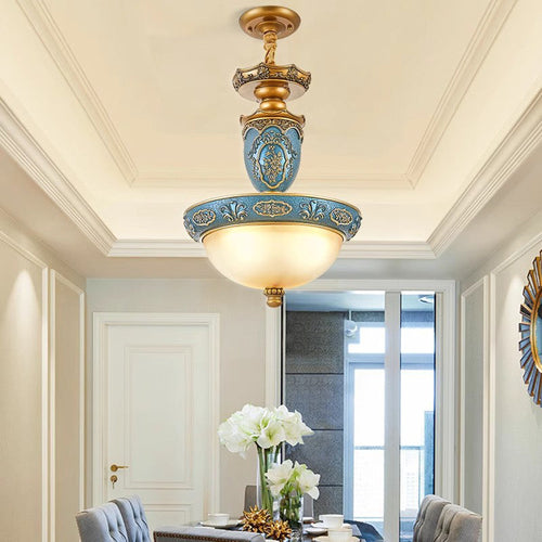Traditional European Dome Carved Iron Resin Glass 3 - Light Pendant Light For Dining Room