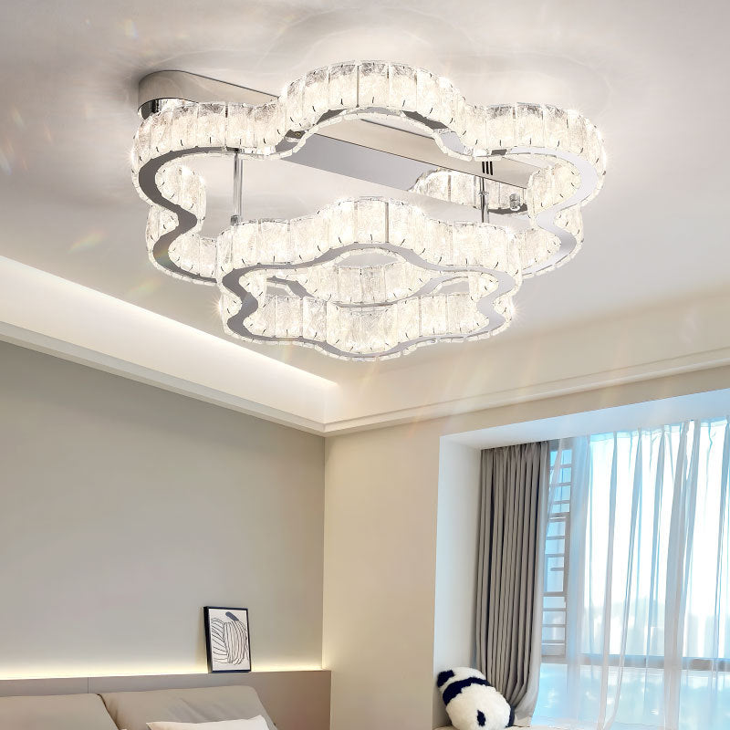 Contemporary Scandinavian Double Clouds Stainless Steel Crystal LED Semi-flush Mount Ceiling Light for Bedroom
