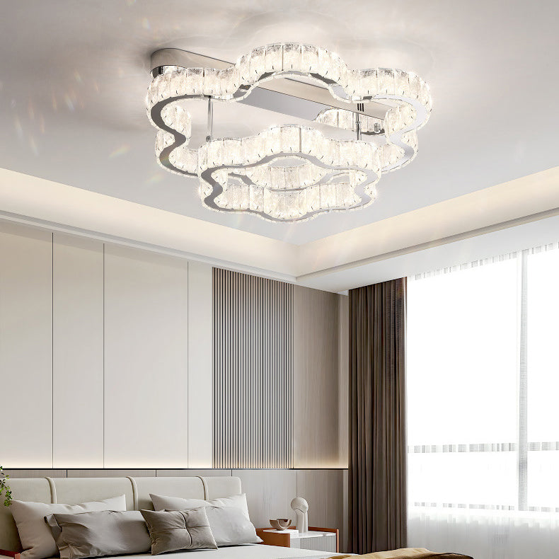 Contemporary Scandinavian Double Clouds Stainless Steel Crystal LED Semi-flush Mount Ceiling Light for Bedroom